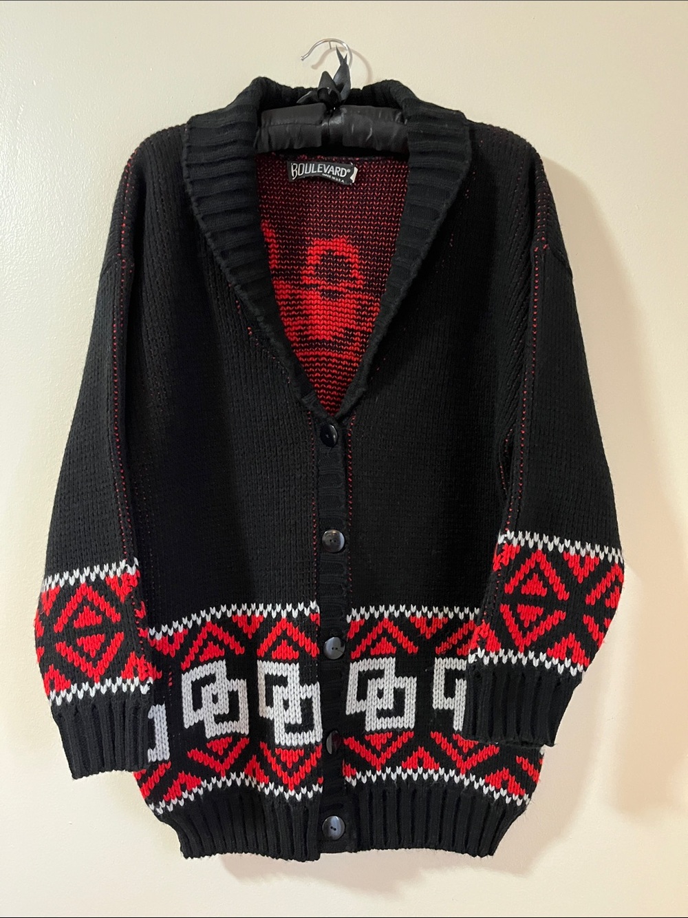Boulevard Black Cardigan with Red & Gray Geometric Trim & Square Dancing Image